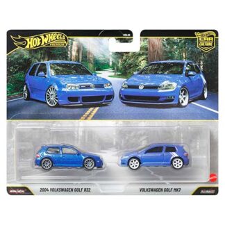 Hot Wheels two-pack packaging with two blue VW Golf toy cars (2004 Golf R32 and Mk7) in a clear plastic blister.
