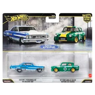 Hot Wheels Car Culture set in packaging, featuring four Ford cars including a 1964 Ford Galaxie 500 and a 1967 Ford Anglia Racer on top.