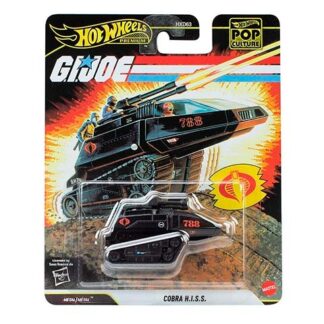 Hot Wheels x G.I. Joe Cobra H.I.S.S. tank toy in blister-pack packaging with chrome accessory and bold comic-art artwork on the card.