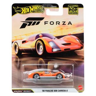 Die-cast orange '66 Porsche 906 Carrera 6 Hot Wheels car in packaging with Forza branding on a black-yellow card.