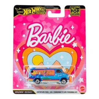 Barbie-branded Hot Wheels Premium custom van toy in bright pink packaging with hearts and stars.