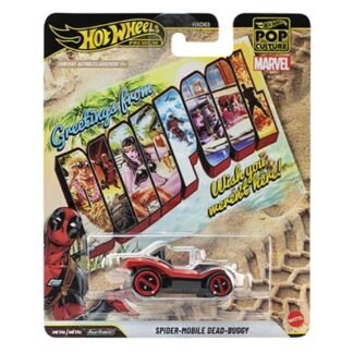 Hot Wheels premium packaging featuring a red Spider-Mobile toy car in a clear blister with Marvel branding.