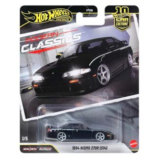 Hot Wheels Premium packaging showing a black 1994 Nissan 270R (S14) die-cast car, 1/5 scale, in blister pack.