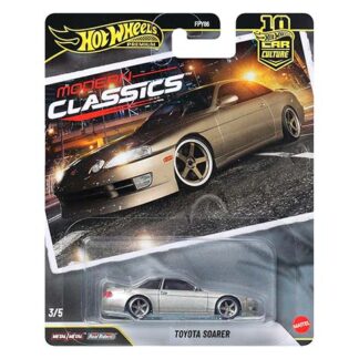 Hot Wheels Modern Classics packaging featuring a silver Toyota Soarer die-cast car in blister pack.