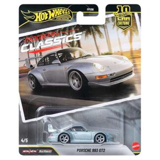 Hot Wheels Modern Classics packaging featuring a silver Porsche 993 GT2 on the card and a blue mini car in the plastic blister.