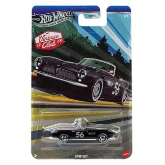 Hot Wheels blister pack showing a black vintage race car with number 56 and a small silver car inside the tray.