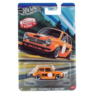 Orange vintage-style Hot Wheels toy car in blister packaging on a blue racing-themed card art