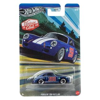Hot Wheels Porsche 356 Outlaw toy car on racing card, with a smaller blue die-cast model in a plastic blister.