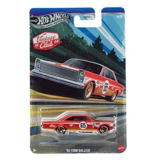 Die-cast red 1965 Ford Galaxie Hot Wheels in blister-pack with vintage club artwork on the card.