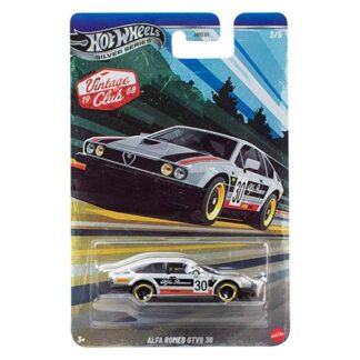 Hot Wheels packaging for Alfa Romeo GTV6 30: white die-cast race car in a blister pack on a retro card art with a gray racing car illustration in the background
