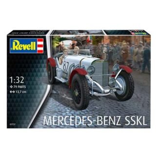 Revell 1:32 scale Mercedes-Benz SSKL model kit box showing a vintage race car with red fenders and a crowd in the background, 79 parts mention visible on box.