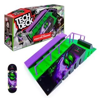 Tech Deck Nyjah Rail Shredder mini skate ramp set with purple rails and green ramp, shown with packaging box