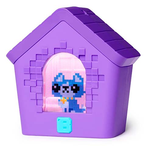 Purple toy house with a pixel-art blue cat inside a rounded arched window; small blue door at base, LEGO-like blocks.
