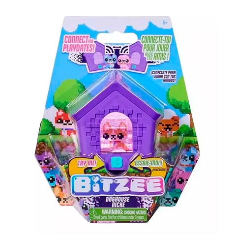 Purple Bitzee doghouse toy with a pink figure inside, packaged in a bright, colorful retail blister with 'Connect for Playdates' messaging.
