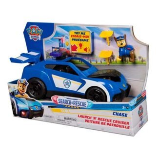 Blue Paw Patrol Launch 'N' Rescue Cruiser toy car in packaging, with police insignia and a small figure on the backdrop.