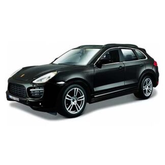 Black Porsche SUV in a three-quarter front view, sleek styling and silver alloy wheels on a white background