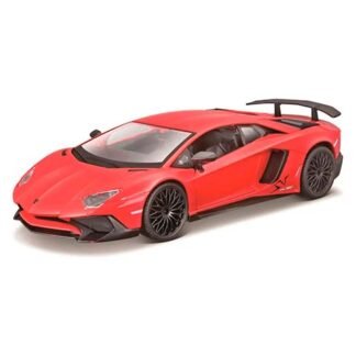 Red scale-model Lamborghini sports car with a black rear wing, set against a white background.