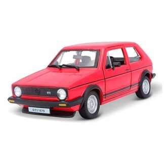 Red die-cast model of a vintage Volkswagen GTI hatchback, shown from the front-left with black trim and silver wheels.