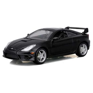 Black sports car with a low profile, rounded headlights, and a large rear spoiler facing left.