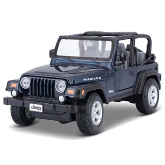 Blue scale-model Jeep Wrangler Rubicon toy car with open top on a white background.