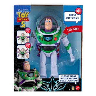 Box packaging for Toy Story 5 Buzz Lightyear action figure, featuring a prominent button label and 'Try Me' badge, in-flight mode imagery.
