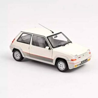 White die-cast toy car model, two-door hatchback with grey trim and a red side stripe on a white background.