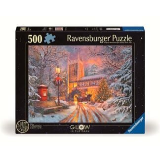 Ravensburger 500-piece puzzle box featuring a glowing winter church scene, glow-in-the-dark Christmas edition.