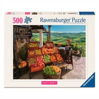 Ravensburger 500-piece puzzle box featuring a colorful outdoor fruit market scene with baskets of produce.",