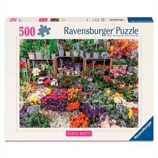Ravensburger 500-piece puzzle box featuring a colorful flower market scene with potted plants and chalkboard signs.