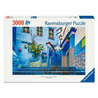 Box for a 3000-piece Ravensburger puzzle depicting a vibrant blue alley with tiled walls and stairs