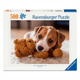 Ravensburger 500-piece puzzle box featuring a beagle puppy cuddling a brown teddy bear.