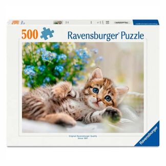 Ravensburger 500-piece puzzle box featuring a close-up photo of a kitten on a blanket with blue flowers in the background.