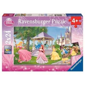 Ravensburger Disney Princess puzzle box for ages 4+, shows a castle garden scene with princesses; contains 2×24 pieces.