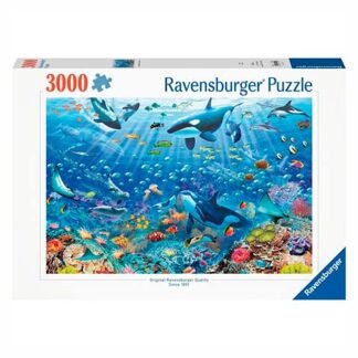 Ravensburger 3000-piece puzzle box showing an underwater coral reef with sharks and colorful tropical fish.