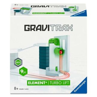 Gravitrax Element Turbo Lift set box showing a green lift and track pieces for building marble runs (9 pieces).