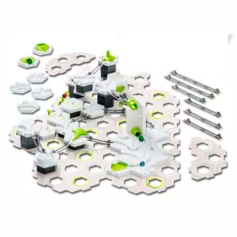 Educational robotics kit with white hexagonal tiles forming a board and small modular robots connected on top, with metal rods on the side.