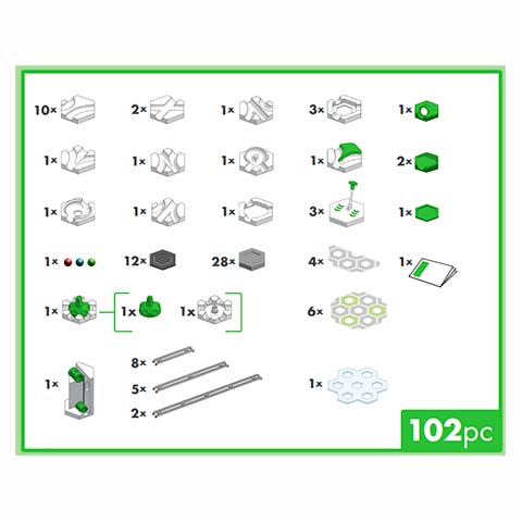 Box of a 102-piece LEGO set: grid of part icons with quantities, green border, and a '102pc' badge.