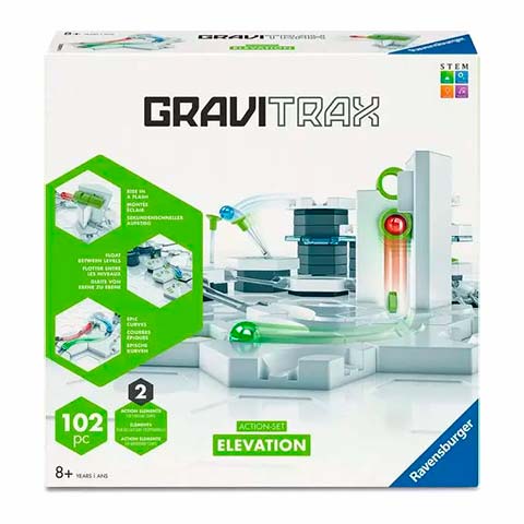 Gravitrax Elevation set box showing white track with green accents; includes 102 pieces for ages 8+ (Ravensburger).