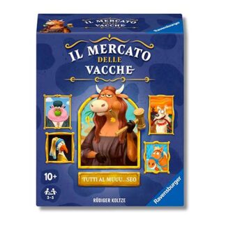 Blue Ravensburger game box titled 'Il Mercato delle Vacche' with a central cow and framed cow portraits on the blue cover