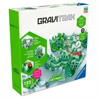 Gravitrax marble run building set box with green track pieces and a futuristic landscape image; contains 122 parts for ages 8+ (SkyTrak).