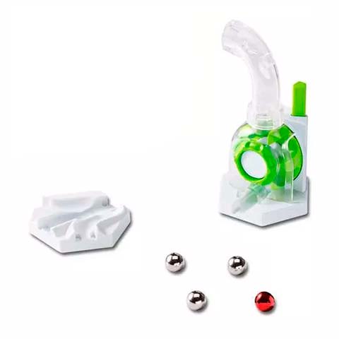 White plastic toy with a curved transparent tube and a green ring, a separate white mounting piece, and four small marbles (three silver, one red) on a white background