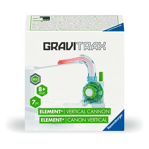 Gravitrax vertical cannon element packaging: green base with a pink curved track, blue connector, Ravensburger kit for ages 8+ with 7 pieces.