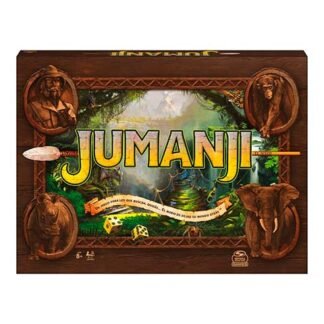 Box of the Jumanji board game with a jungle scene, a large yellow JUMANJI title, and carved animal decorations around the frame.