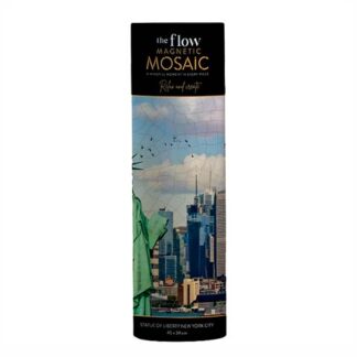 Packaging tube for The Flow Magnetic Mosaic, showing a New York City skyline with the Statue of Liberty at the base label.