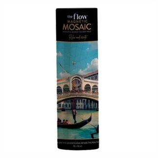 Tall product packaging for 'the flow MAGNETIC MOSAIC' with a blue canal scene and gondola illustration.