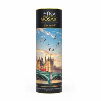 Cylindrical product box labeled 'the flow' and 'MAGNETIC MOSAIC' with a London skyline illustration (Big Ben, Westminster Bridge) against a blue sky on the label.