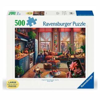 Ravensburger 500-piece puzzle box showing a cozy, colorful living room and kitchen scene.