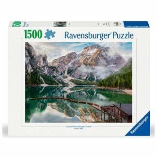 Ravensburger 1500-piece puzzle box featuring a mountain lake landscape with snow-capped peaks and a wooden pier reflection.
