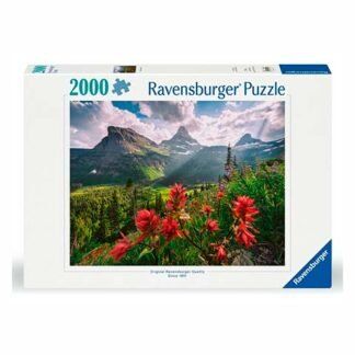 Ravensburger 2000-piece puzzle box with a mountain landscape and red flowers in the foreground.