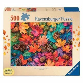 Ravensburger 500-piece jigsaw puzzle box showing a bright autumn leaf pattern with pinecones.